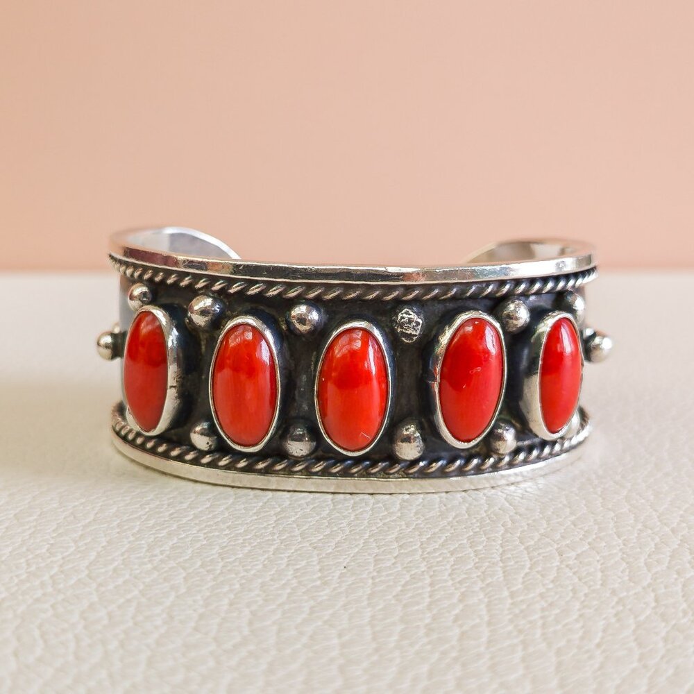 Navajo 900 Silver Cuff with Mediterranean Red Coral